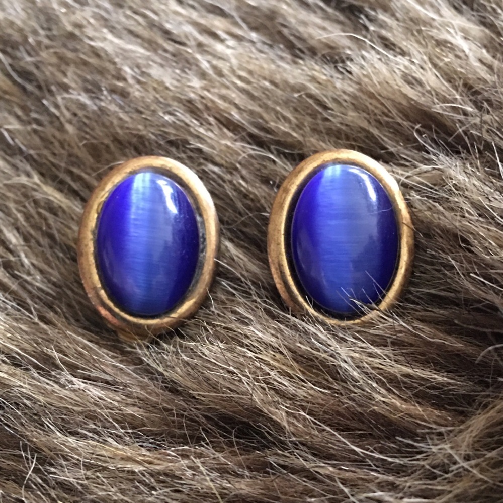 Vintage blue cat eye type stone clip on earrings